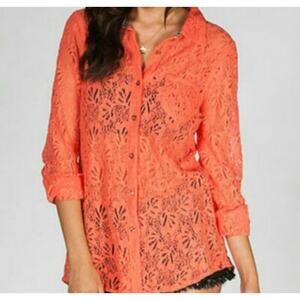 Volcom Oxford coral lace crochet long sleeve button-up Blouse Size L